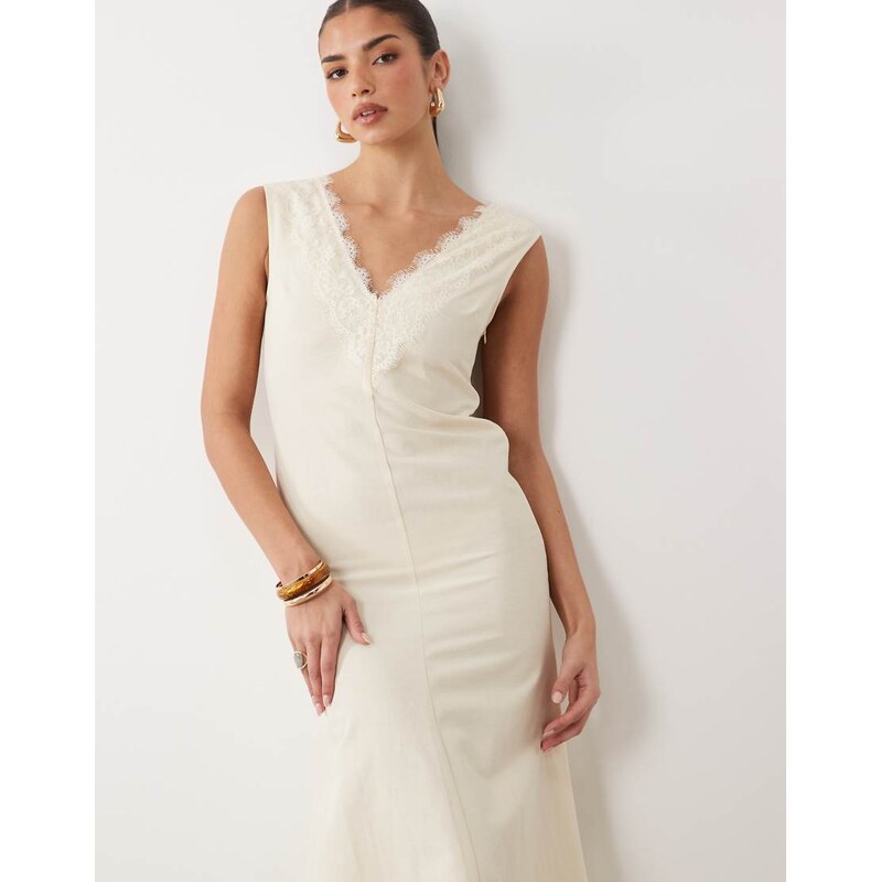 ASOS DESIGN lace applique linen midi dress in beige-Neutral