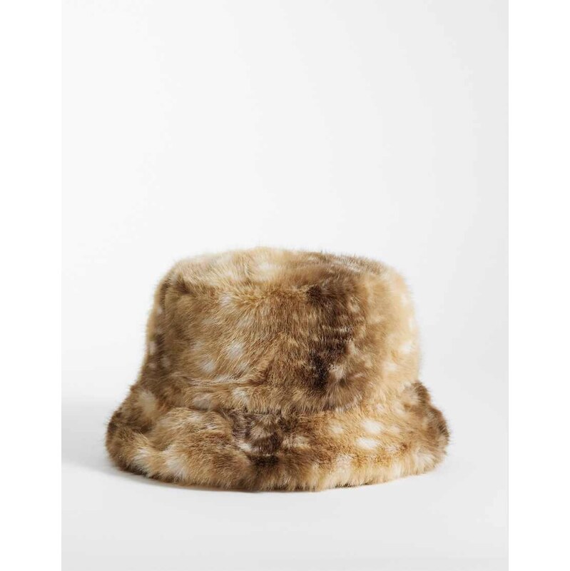 ASOS DESIGN faux animal fur bucket hat in brown-Neutral