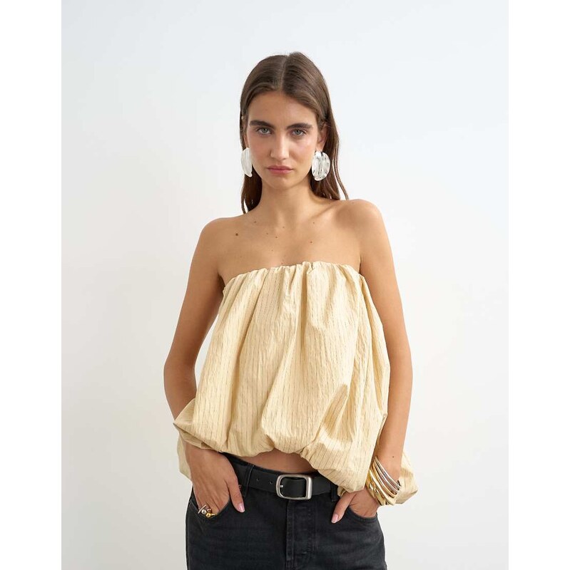 Topshop high low bubble hem bandeau in taupe stripe-Yellow