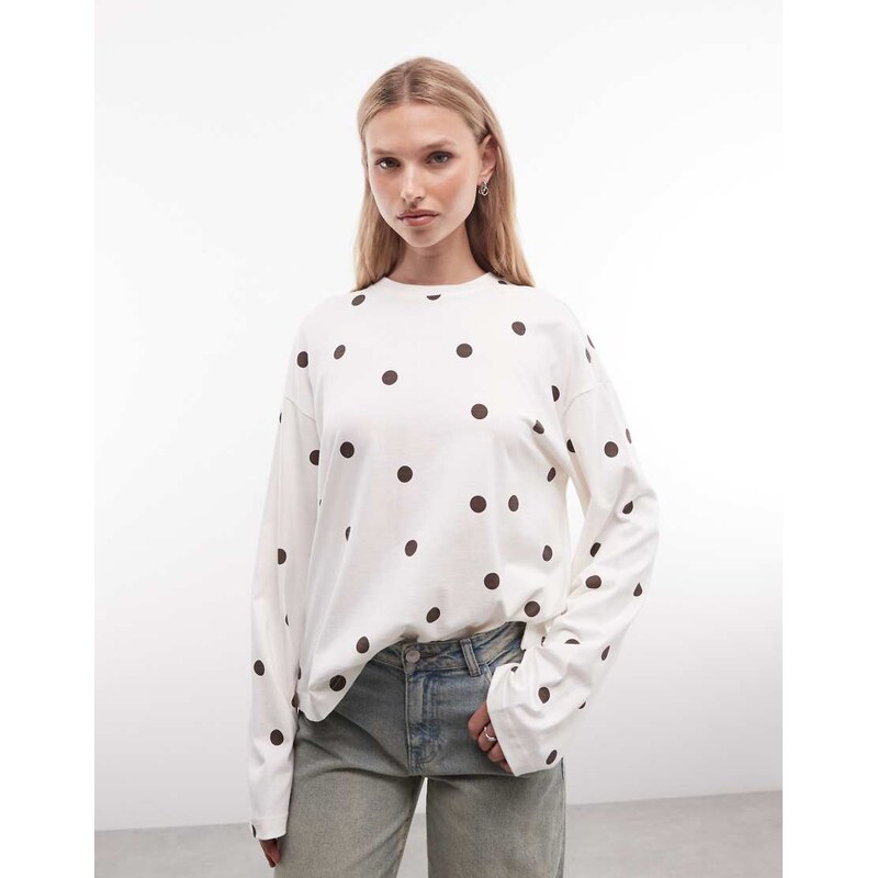 Monki oversized long sleeve t-shirt in cream polka dot-White