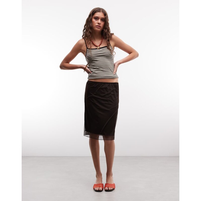 Monki mesh knee skirt in dark brown