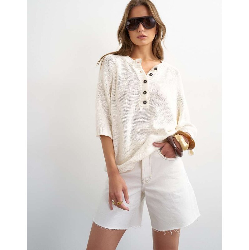Topshop knitted henley t-shirt in ivory-White