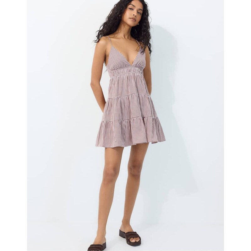 Stradivarius Gingham short dress with open back in grey denim