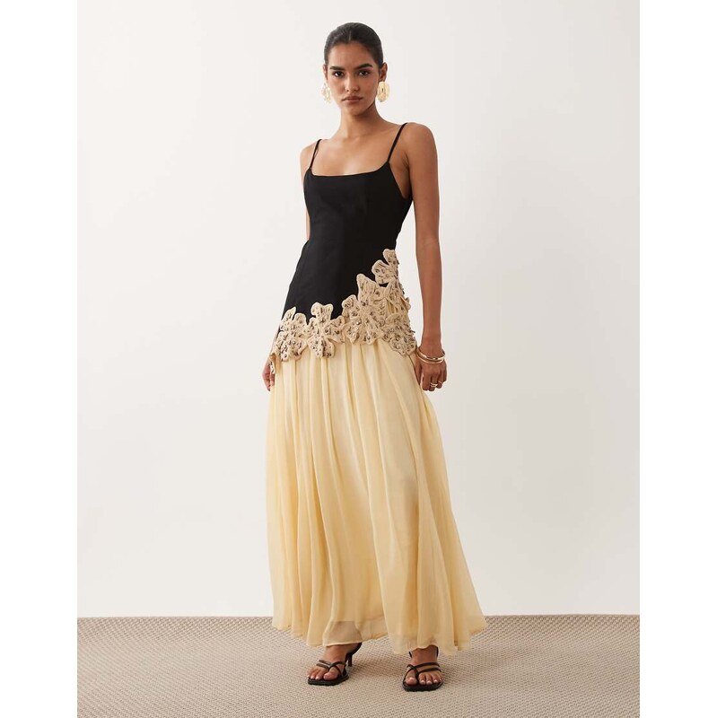 ASOS DESIGN embellished crochet flower maxi dress in black and