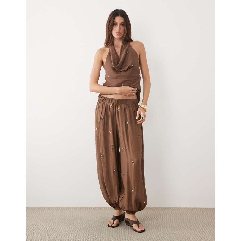 Mango Soliel embellished cuffed trouser co-ord in brown