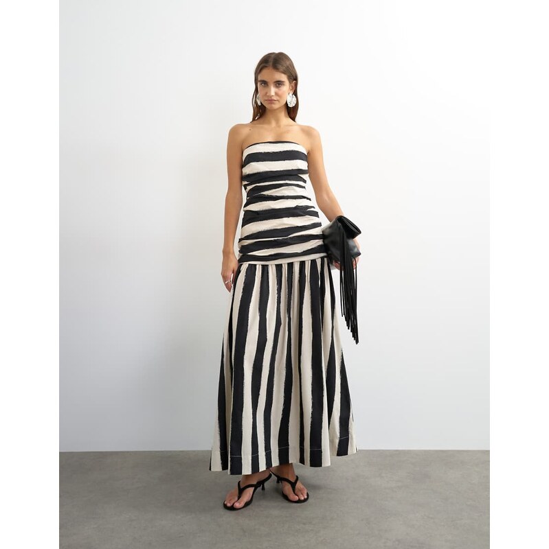 Topshop dropped waist bandeau maxi dress in thick mono stripe