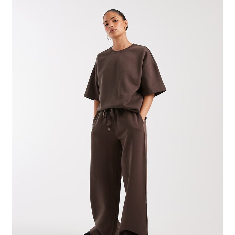 Vero Moda Petite tie waist wide leg joggers co-ord in chocolate