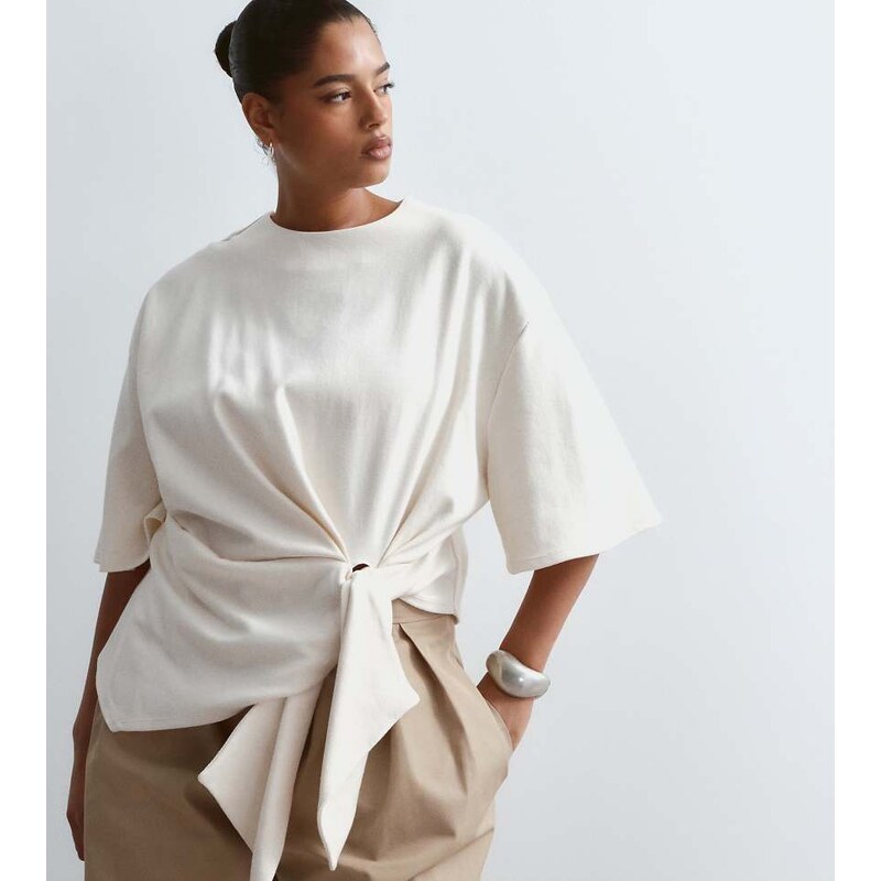 ARRANGE Curve t-shirt with tie waist detail in stone-Neutral