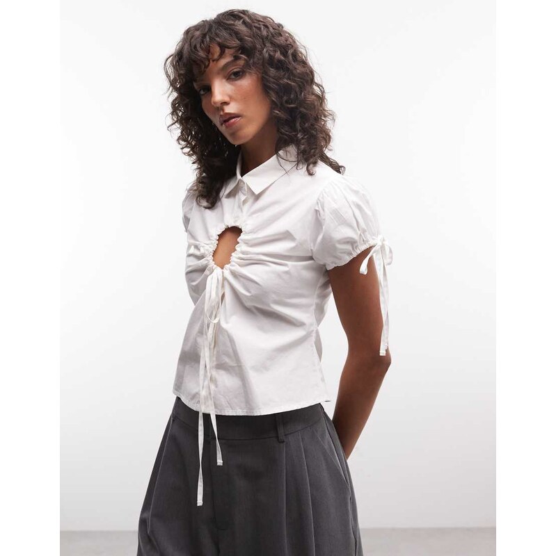 COLLUSION keyhole fitted cap sleeve shirt in white