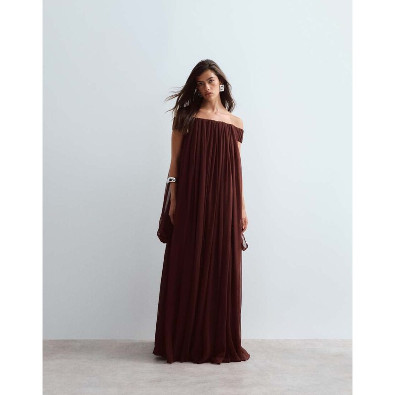 ARRANGE trapeze bardot maxi dress with cape back in chocolate