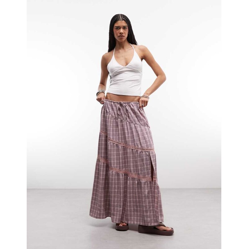 Daisy Street tie waist midi skirt in pink check