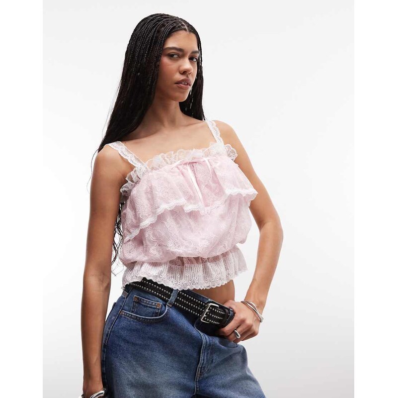 Daisy Street ruffle lace boho top with bow in pink