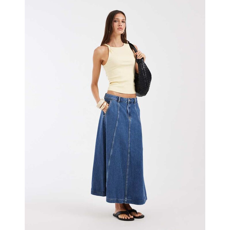Vero Moda seam detail a-line denim maxi skirt in medium blue
