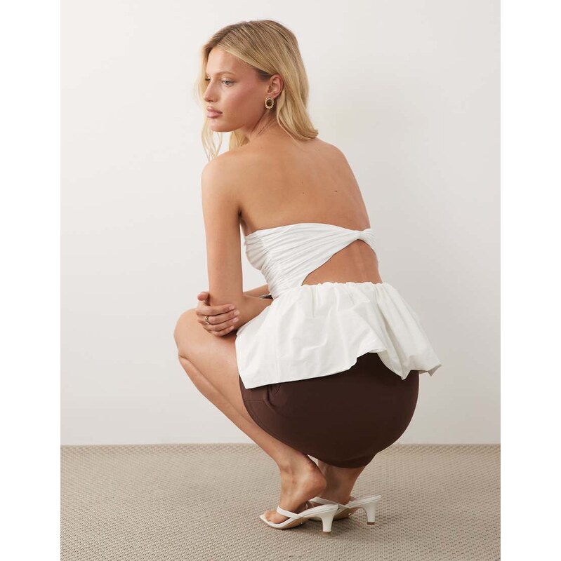ASOS DESIGN ruched peplum bandeau top with back cutout in white
