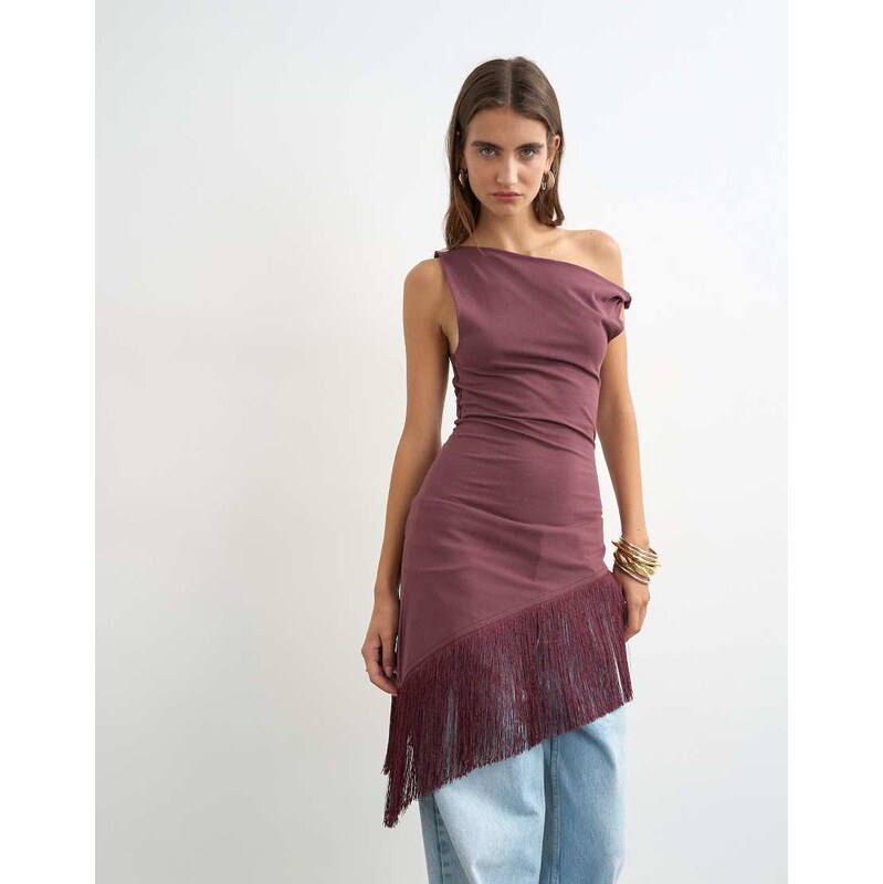 Topshop fringe hem asymmetric top in plum-Purple