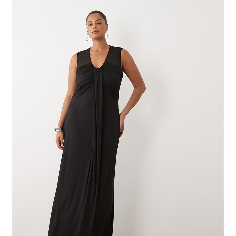 TFNC Plus slinky v neck ruched front sleeveless maxi dress in