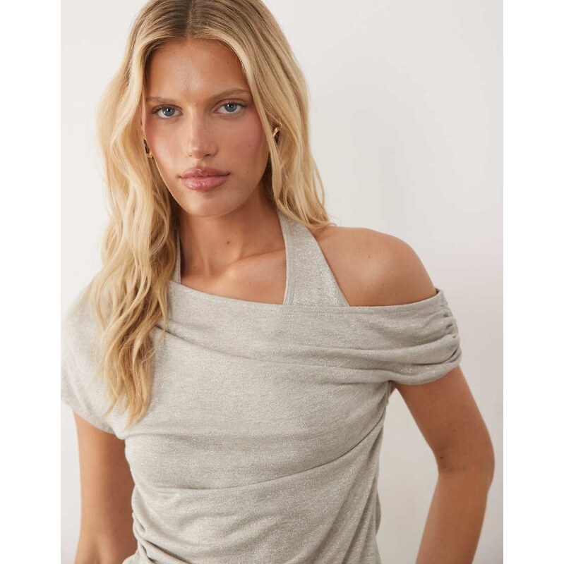 ASOS DESIGN asymmetric drape ruched top in silver metallic