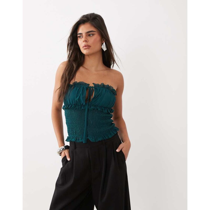 ASOS DESIGN shirred bandeau with frills in petrol-Blue