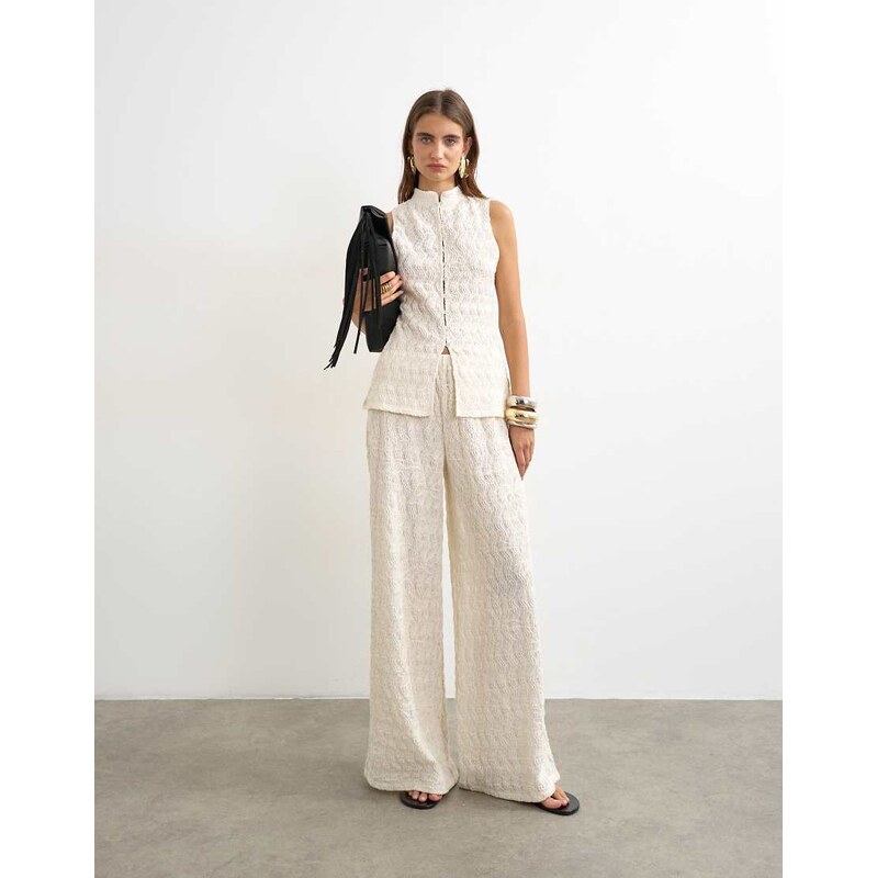 Topshop embroidered lace wide leg trouser co-ord in cream-White