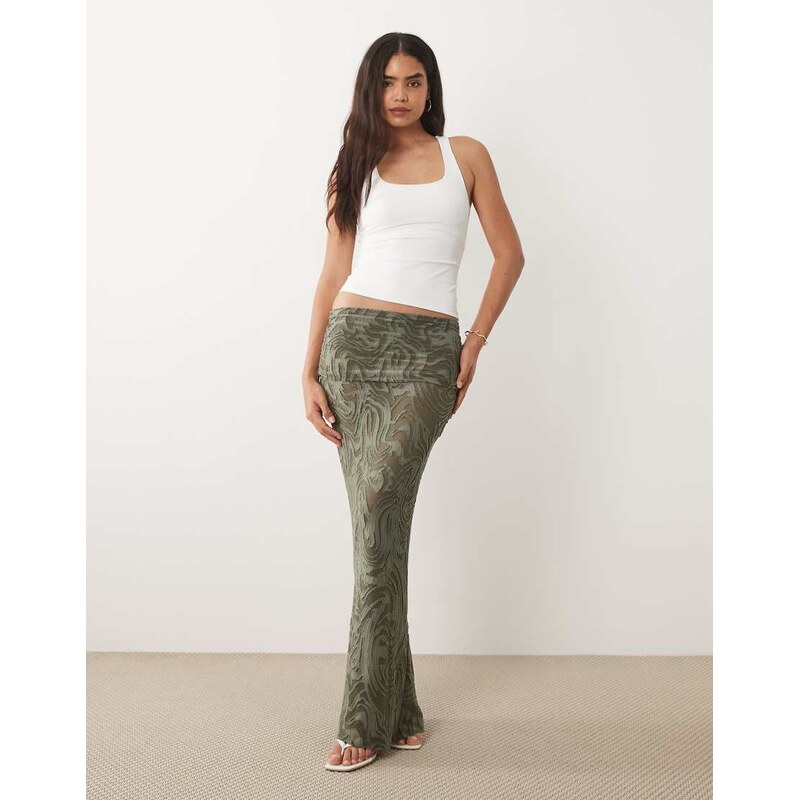 ASOS DESIGN burnout maxi skirt with overwrap detail in khaki