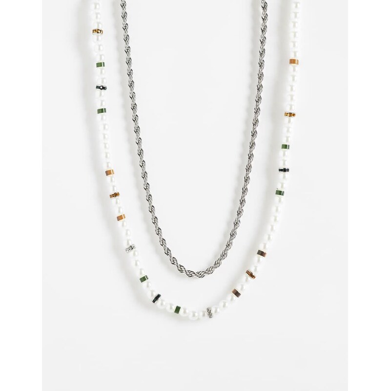 ASOS DESIGN 2 pack rondell faux pearl and rope chain necklace in