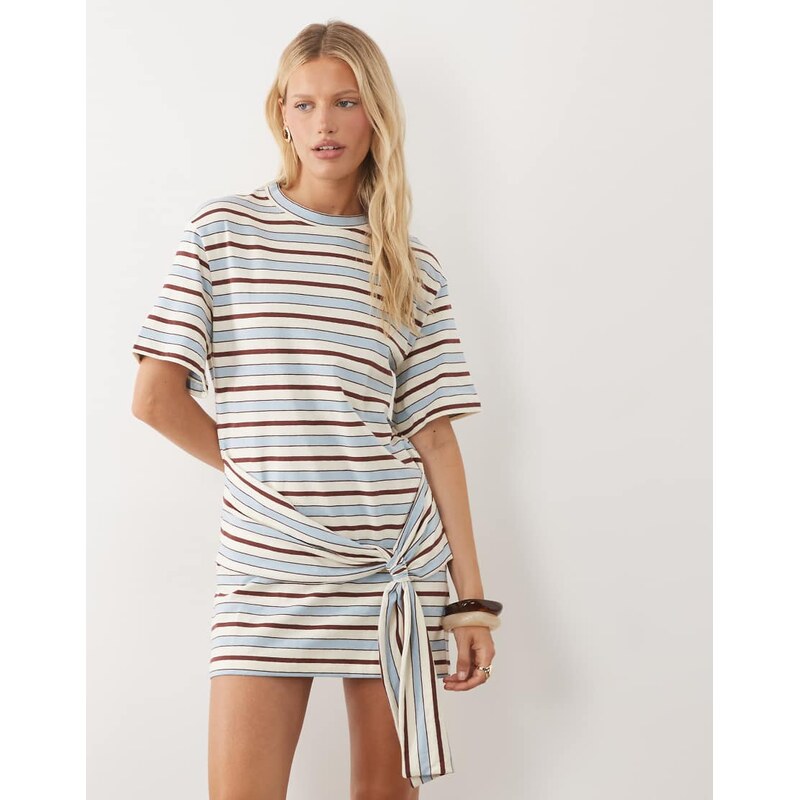 ASOS DESIGN sarong style t-shirt mini dress in light blue stripe
