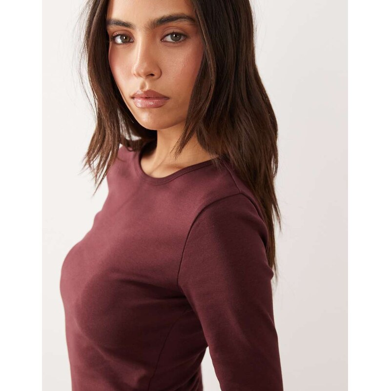 Gina Tricot jersey rib round neck long sleeve top in burgundy