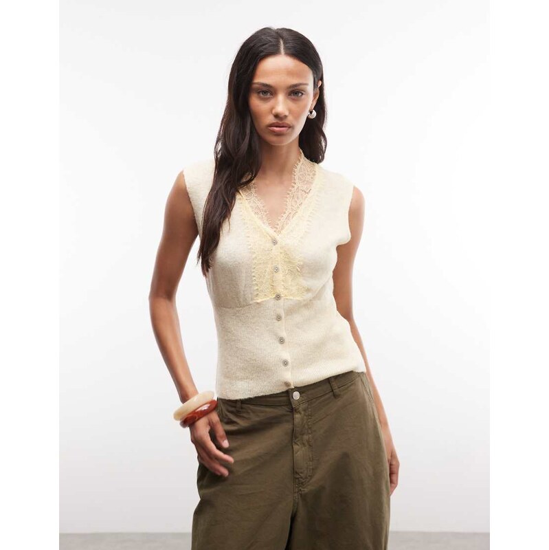 Reclaimed Vintage knitted lace trim button through top in butter