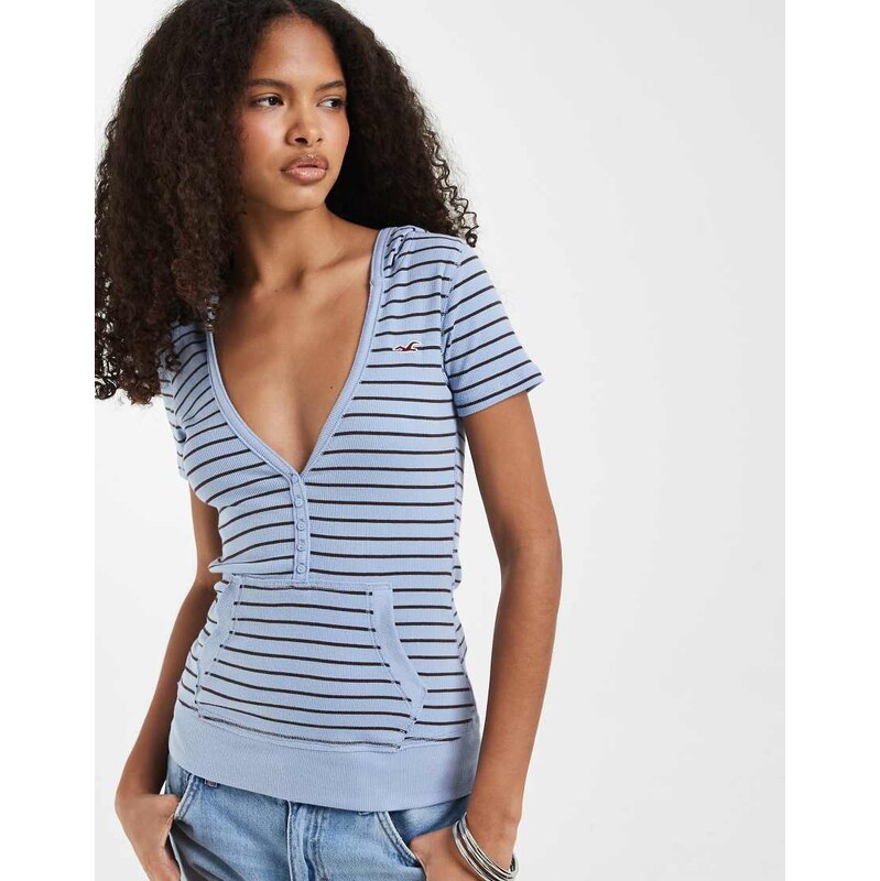 Hollister icon logo short sleeve hooded top in blue stripe