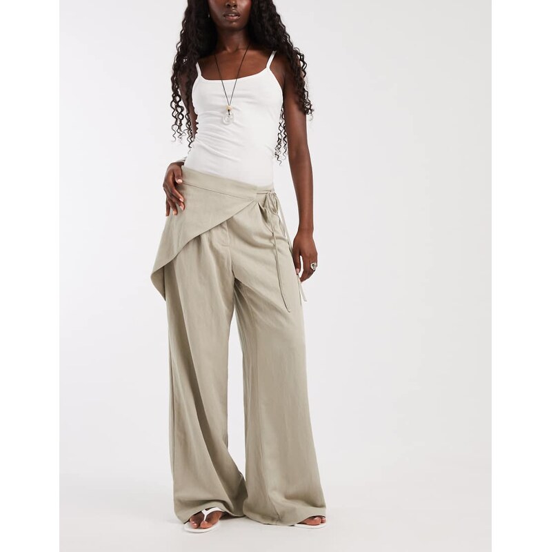 Object mide rise wrap detail wide leg trousers in sage green