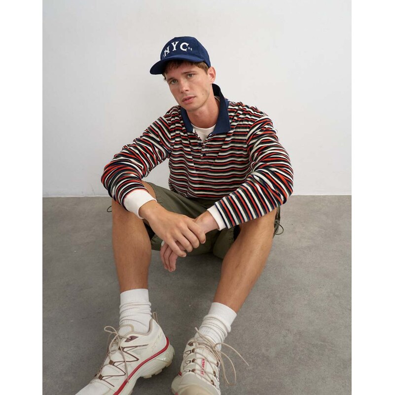 Topman relaxed fit crop velour stripe polo in navy