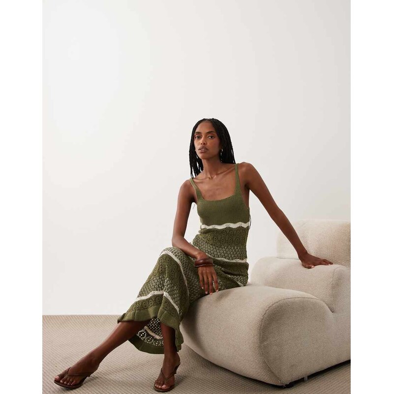 Miss Selfridge crochet maxi dress in khaki stripe-Green