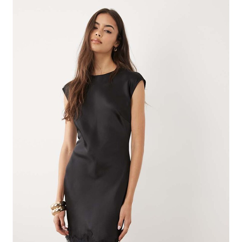 ASOS Tall ASOS DESIGN Tall slash neck satin mini dress with lace