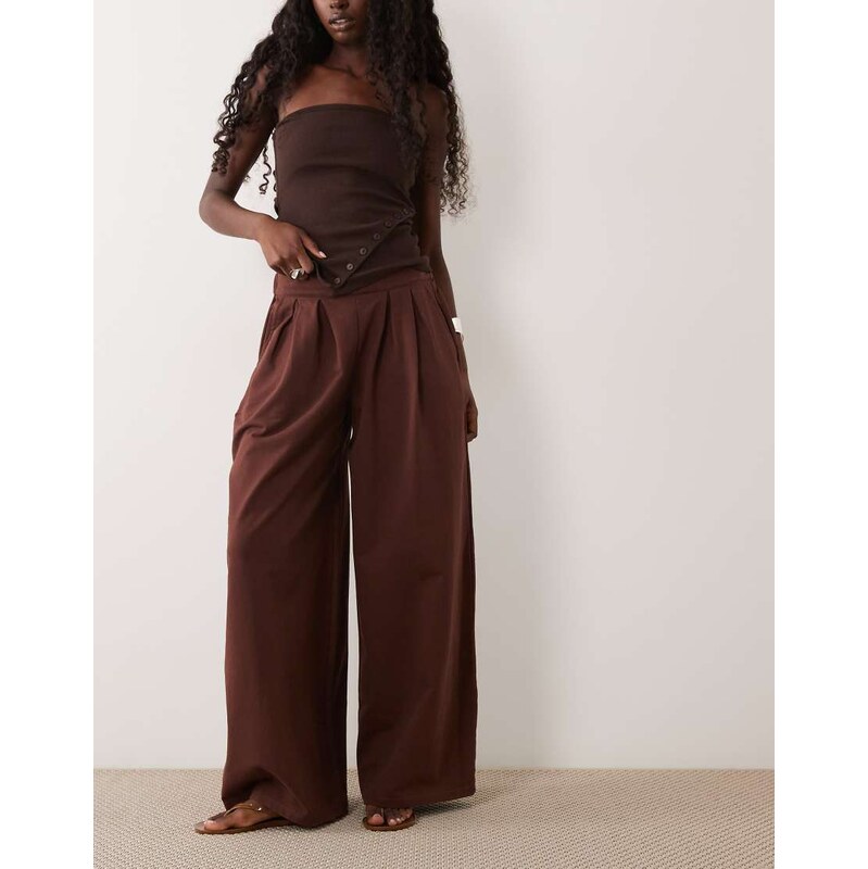 ASOS DESIGN cotton twill wide leg trouser in chocolate-Brown
