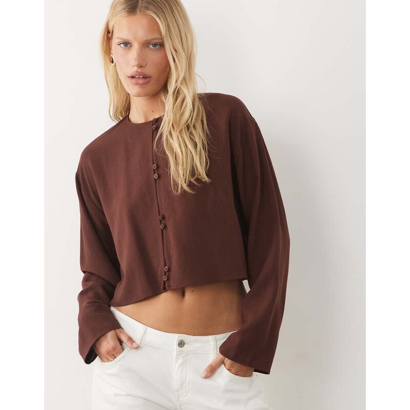 ASOS DESIGN linen blend mandarin style blouse co ord in brown
