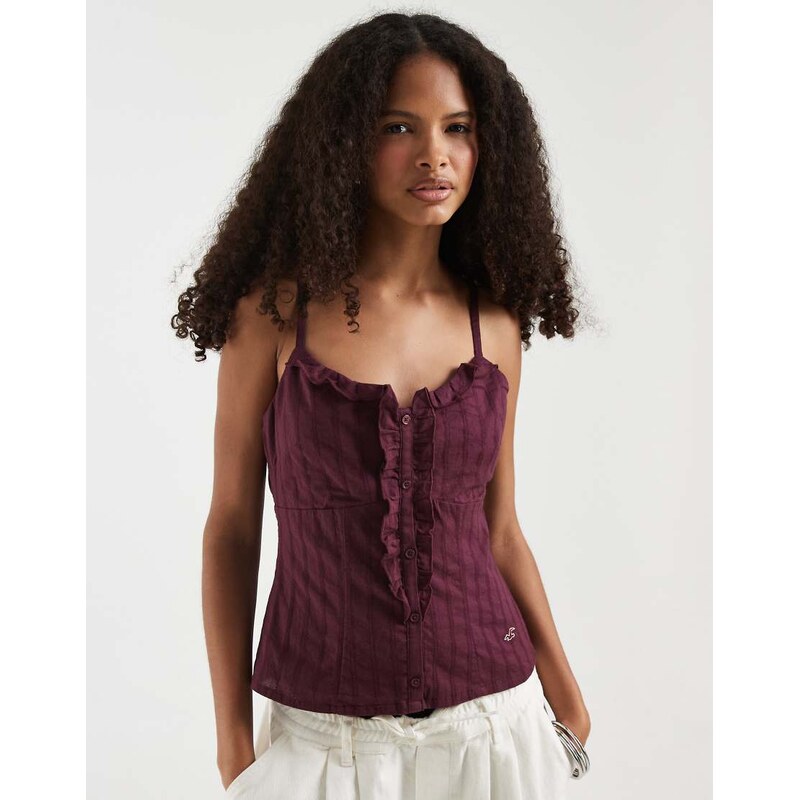 Hollister v neck ruffle front cami in burgundy-Red