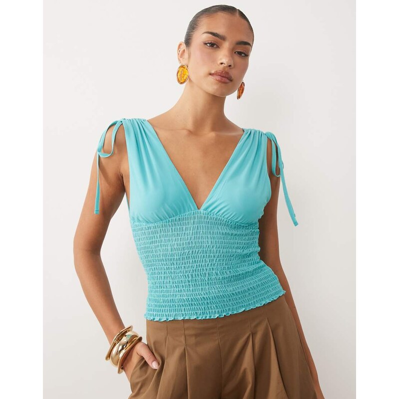 ASOS DESIGN mesh shirred plunge top in teal-Blue