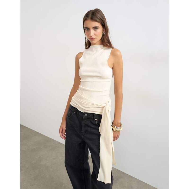 Topshop high neck top with tie detail in buttermilk-Yellow