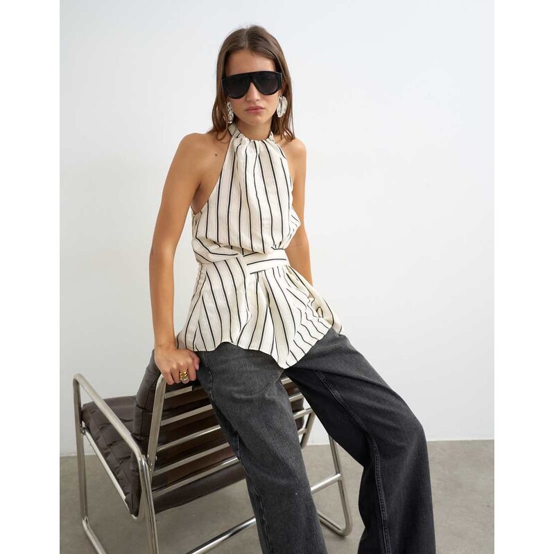 Topshop high neck sleeveless belt detail top in mono stripe