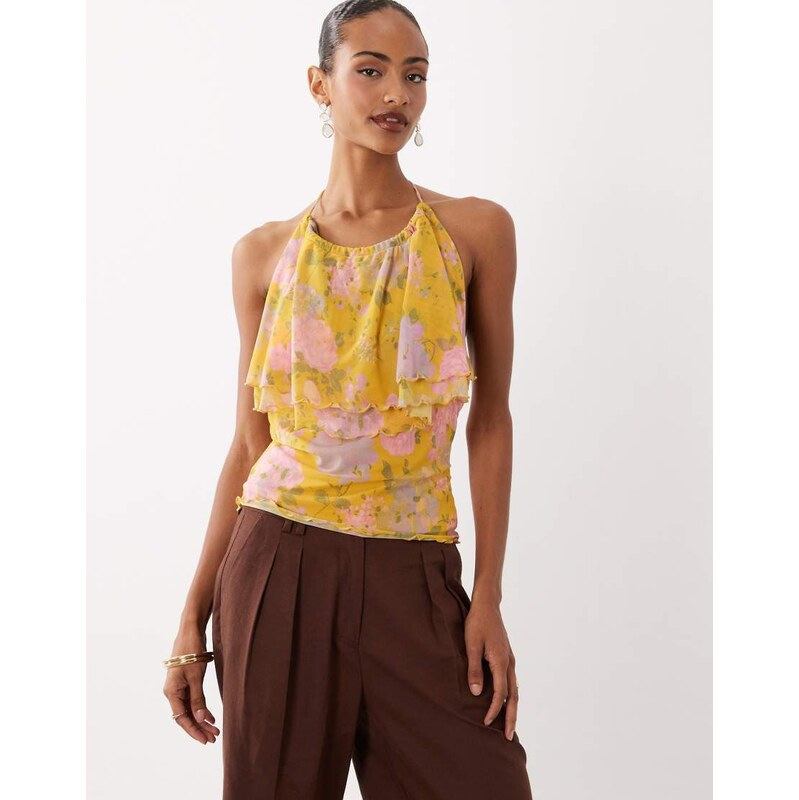 ASOS DESIGN printed mesh ruffle halter cami top in green floral