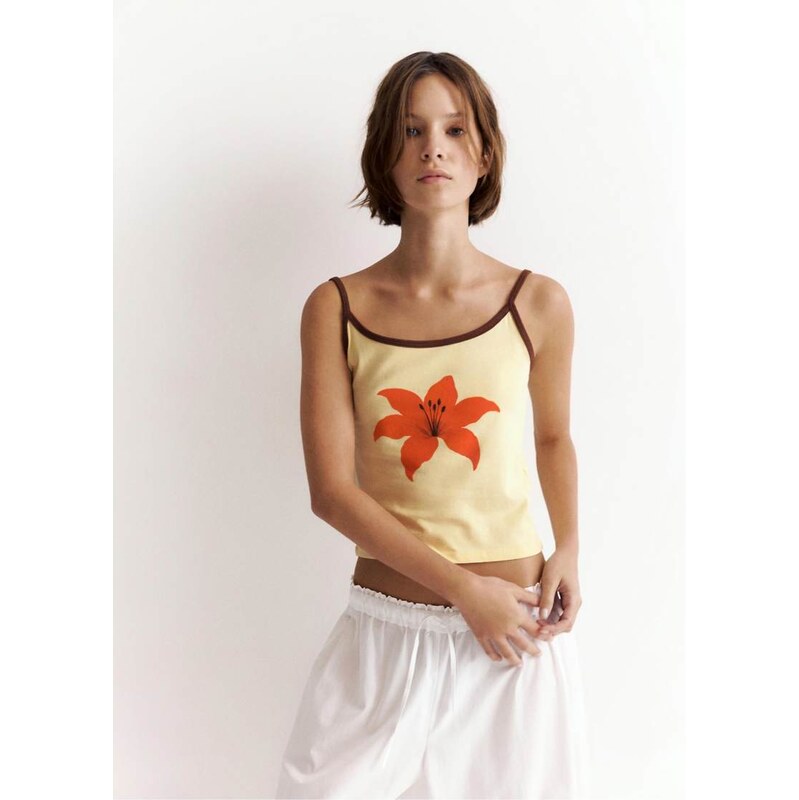 Pull&Bear Ribbed floral strappy top in yellow
