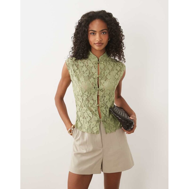 ASOS DESIGN lace rouleaux loop detail waist coat in sage-Green