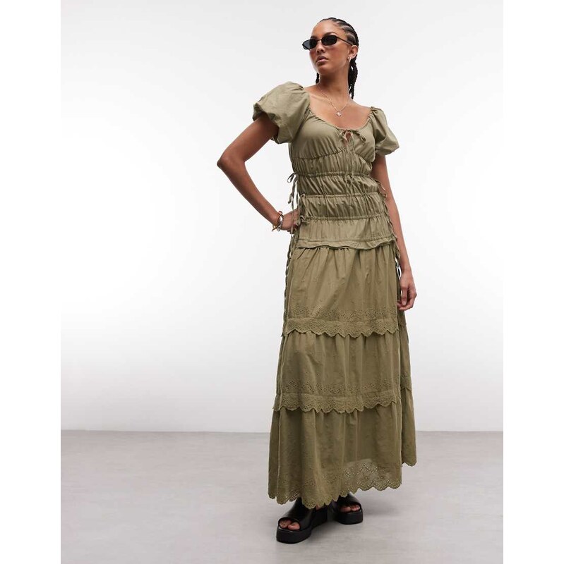 Daisy Street ruched broderie detail midi dress in olive-Green