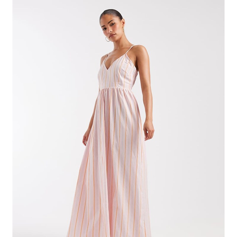 Vero Moda Petite cami midi dress in pink and orange stripe print