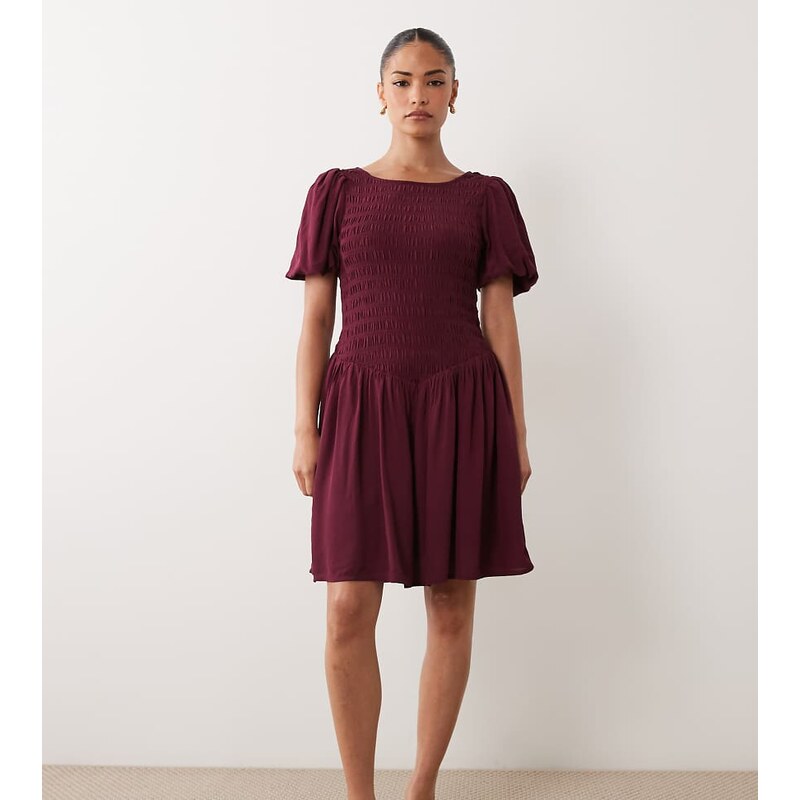 Nobodys Child Petite shirred bodice puff sleeve mini dress in