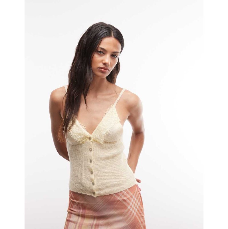 Reclaimed Vintage knitted lace trim cami top in butter yellow
