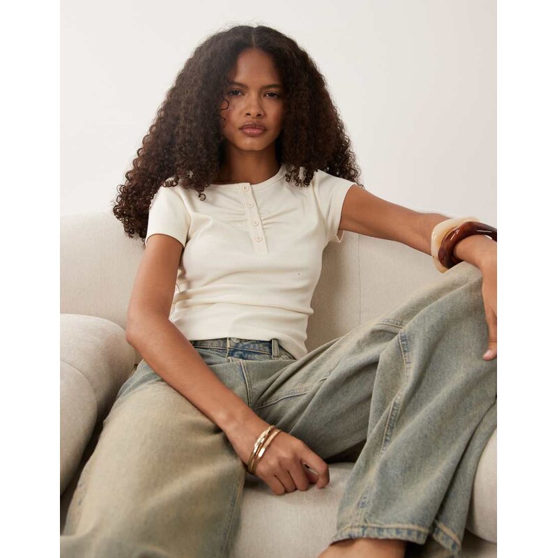 ASOS DESIGN ribbed top with ruched detail at neckline in ecru