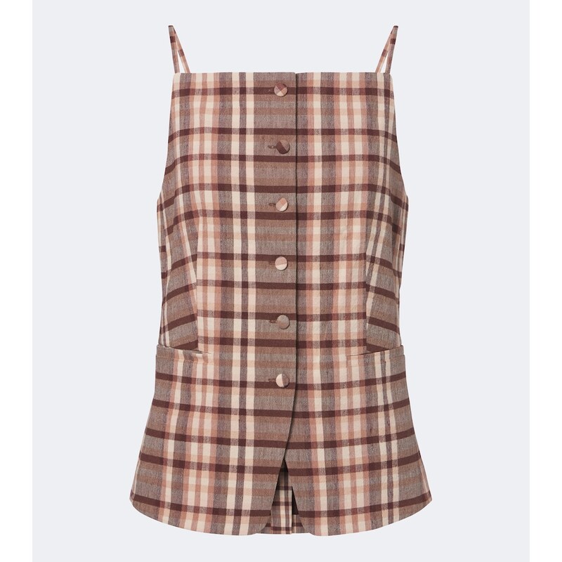 Staud Una plaid linen-blend top