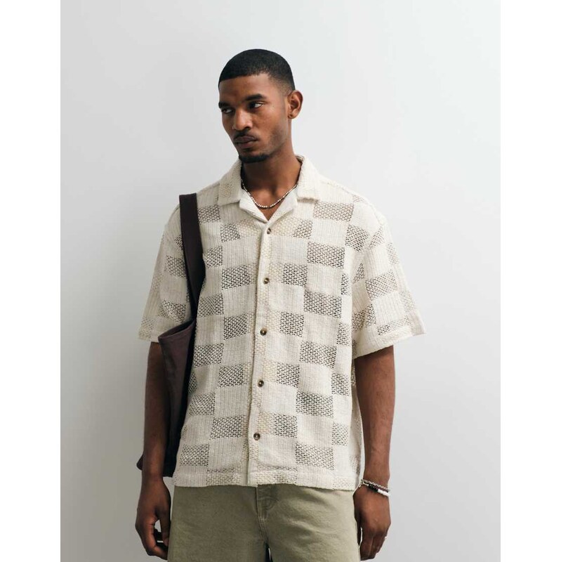 ASOS DESIGN oversized crochet shirt in beige-Neutral