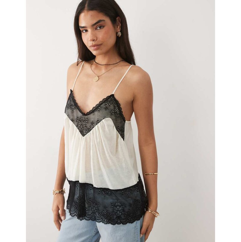 Miss Selfridge sheer knitted cami top with contrast lace in